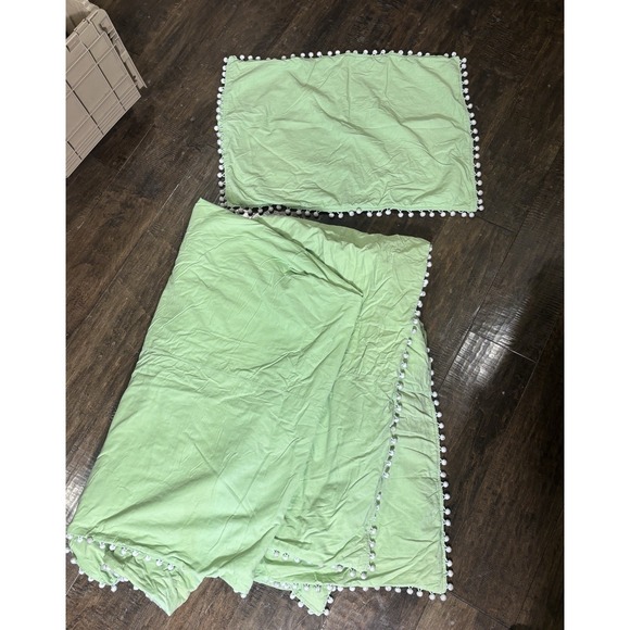 Pottery Barn Other - Pottery Barn PB Teen Muffy Cord Twin Duvet & Standard Sham Lime Green Pom Poms